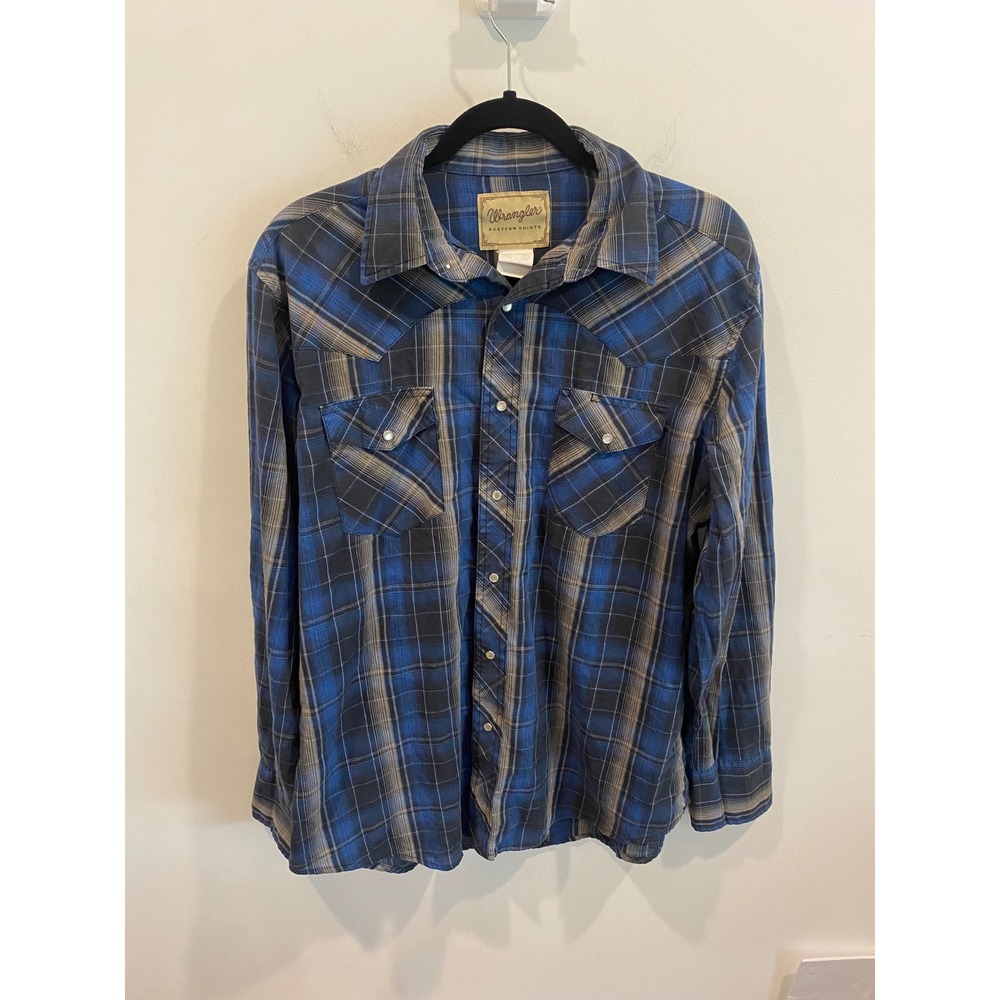 Wrangler‎ Mens Plaid Snap Front Western Shirt Long Sleeve Blue Tan Black Size XL